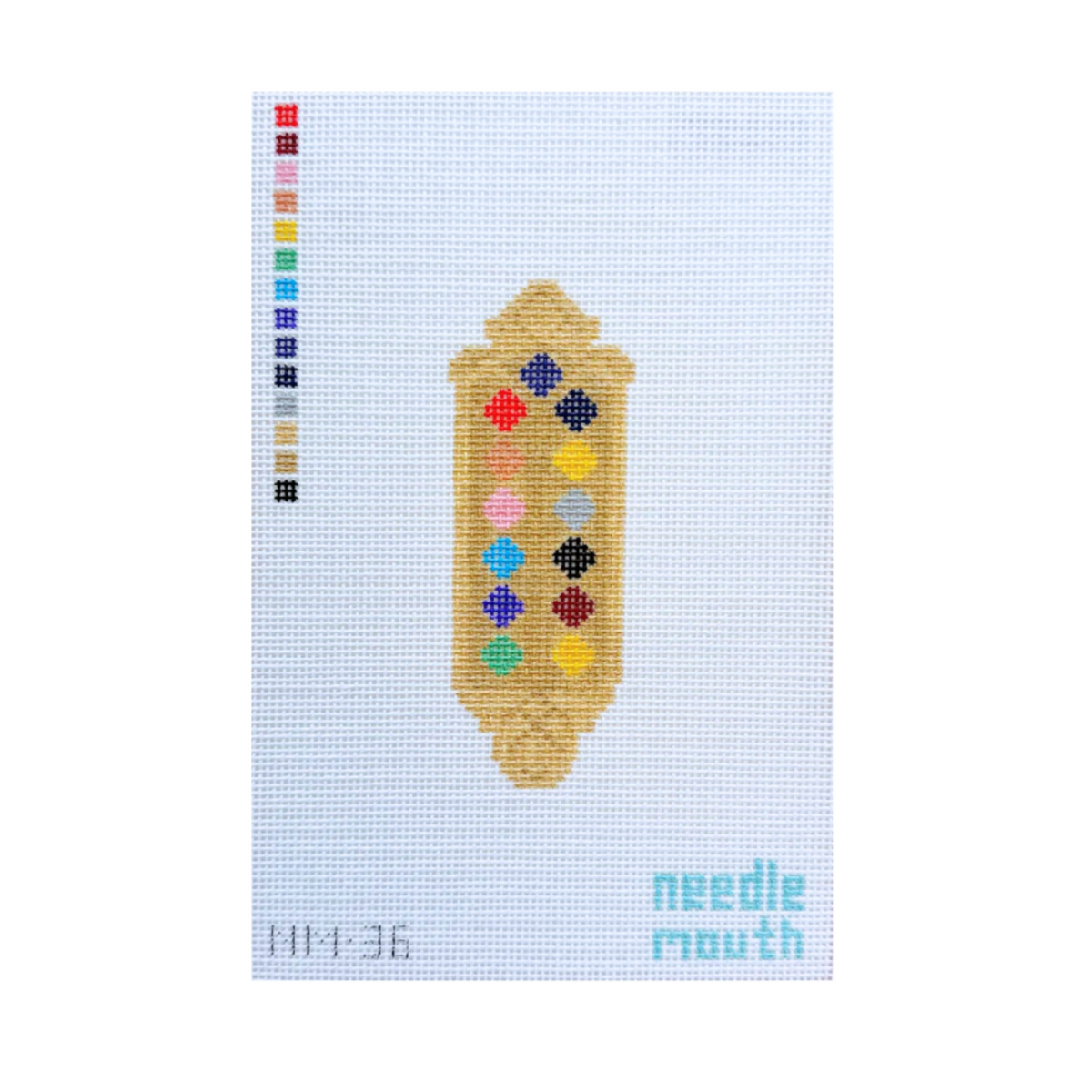 A needlework canvas design featuring a stylized corn cob with colorful seed details, on a light blue grid background with a vertical color palette strip and the text 'needle mouth' at the bottom right.