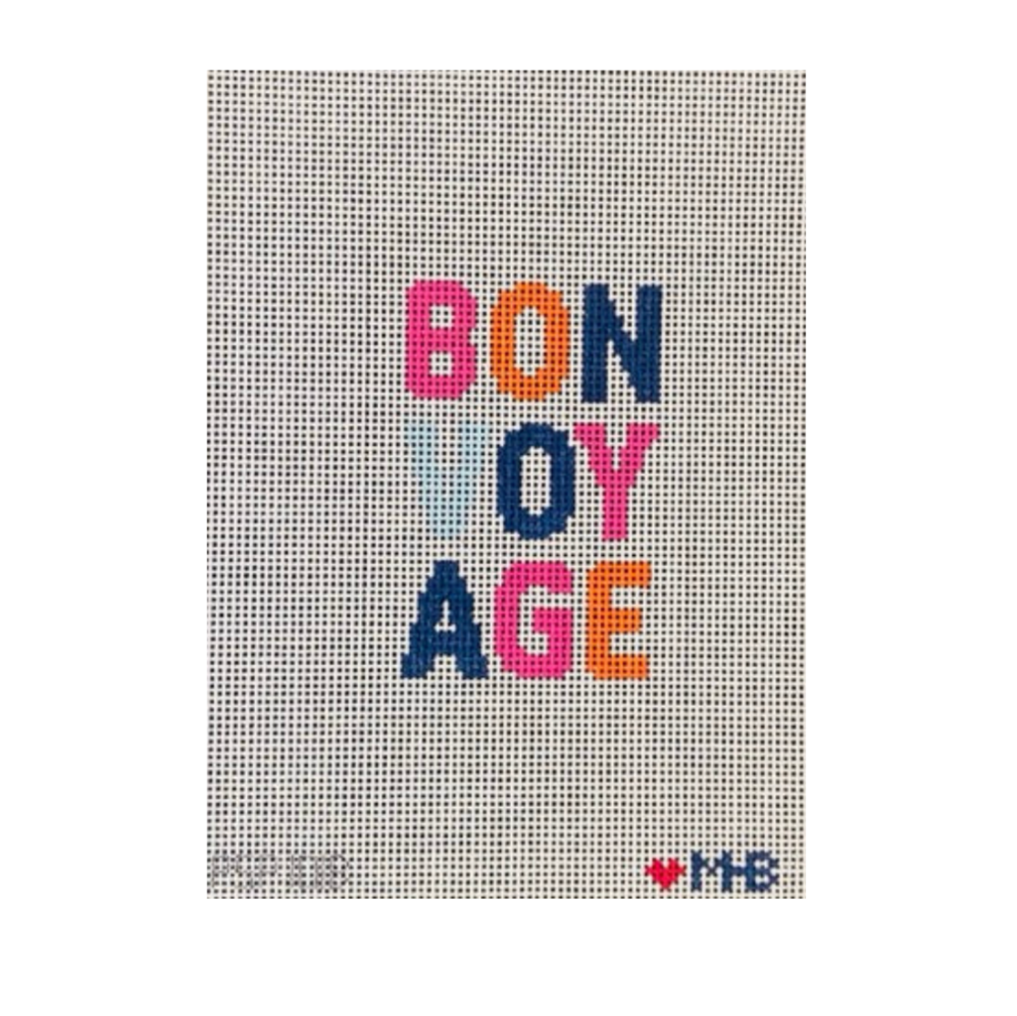 A square canvas print featuring the French phrase 'BON VOYAGE' in colorful letters (pink, orange, and navy blue) on a textured gray cross-stitch canvas background. The brand logo 'MME' with a small red heart is visible in the bottom right corner.