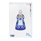 A needlepoint canvas featuring a pixelated depiction of an elderly woman in a blue and white dress holding a yellow-orange bow. The canvas has 'PENNY CAM' printed on the bottom left, a blue monogram on the bottom right, and a vertical color palette on the right side.