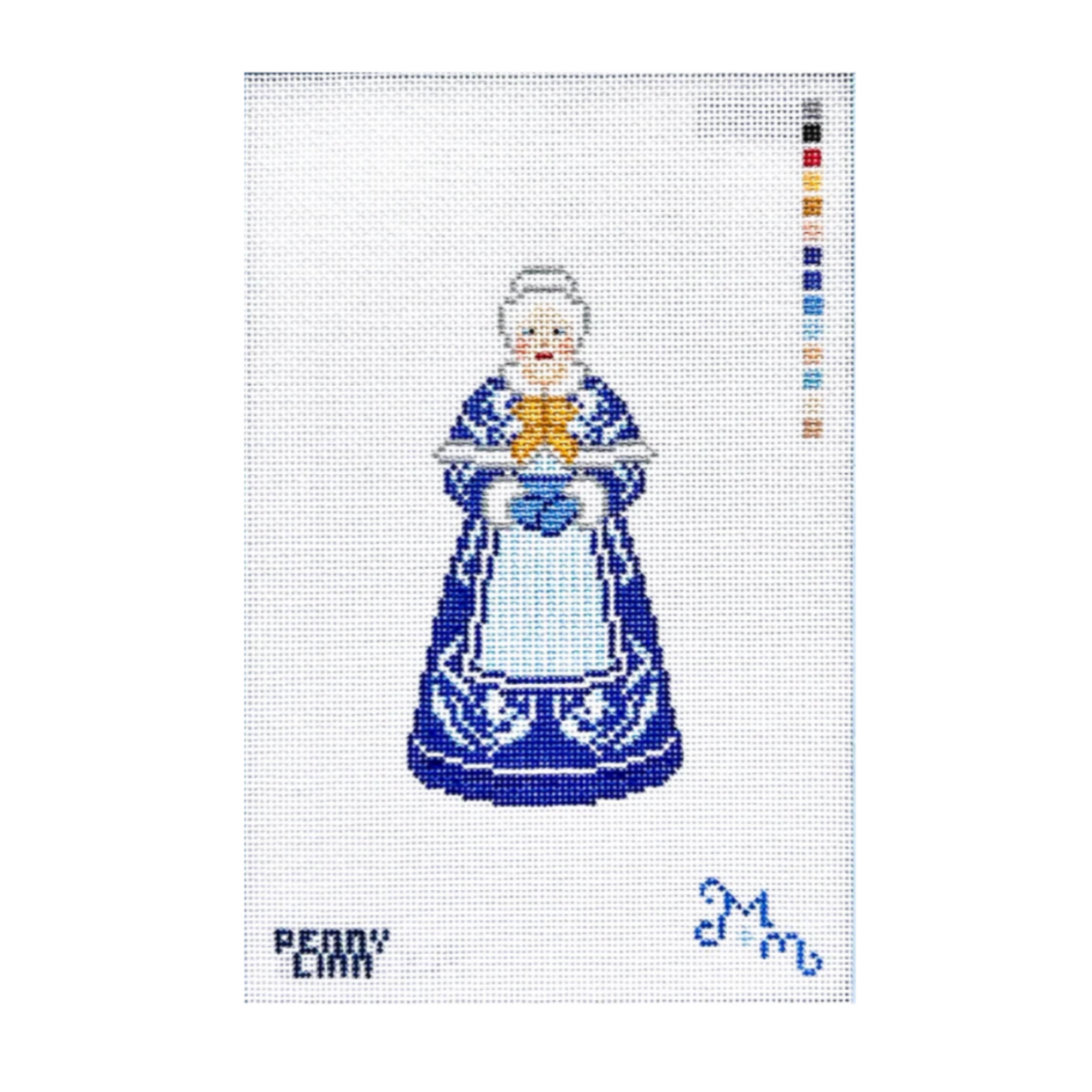 A needlepoint canvas featuring a pixelated depiction of an elderly woman in a blue and white dress holding a yellow-orange bow. The canvas has 'PENNY CAM' printed on the bottom left, a blue monogram on the bottom right, and a vertical color palette on the right side.