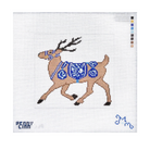 A needlepoint canvas featuring a brown reindeer wearing a blue patterned harness and blanket, on a white grid background with a color palette strip on the right and the brand name Penny Lane at the bottom left.