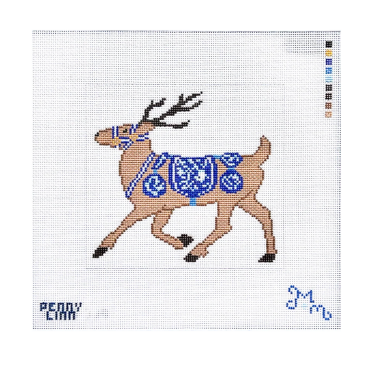 A needlepoint canvas featuring a brown reindeer wearing a blue patterned harness and blanket, on a white grid background with a color palette strip on the right and the brand name Penny Lane at the bottom left.