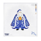 A needlepoint canvas featuring a stylized Santa Claus design in blue, white, and gold, with the text 'PEPPY CMM' on the bottom left and a blue monogram on the bottom right.