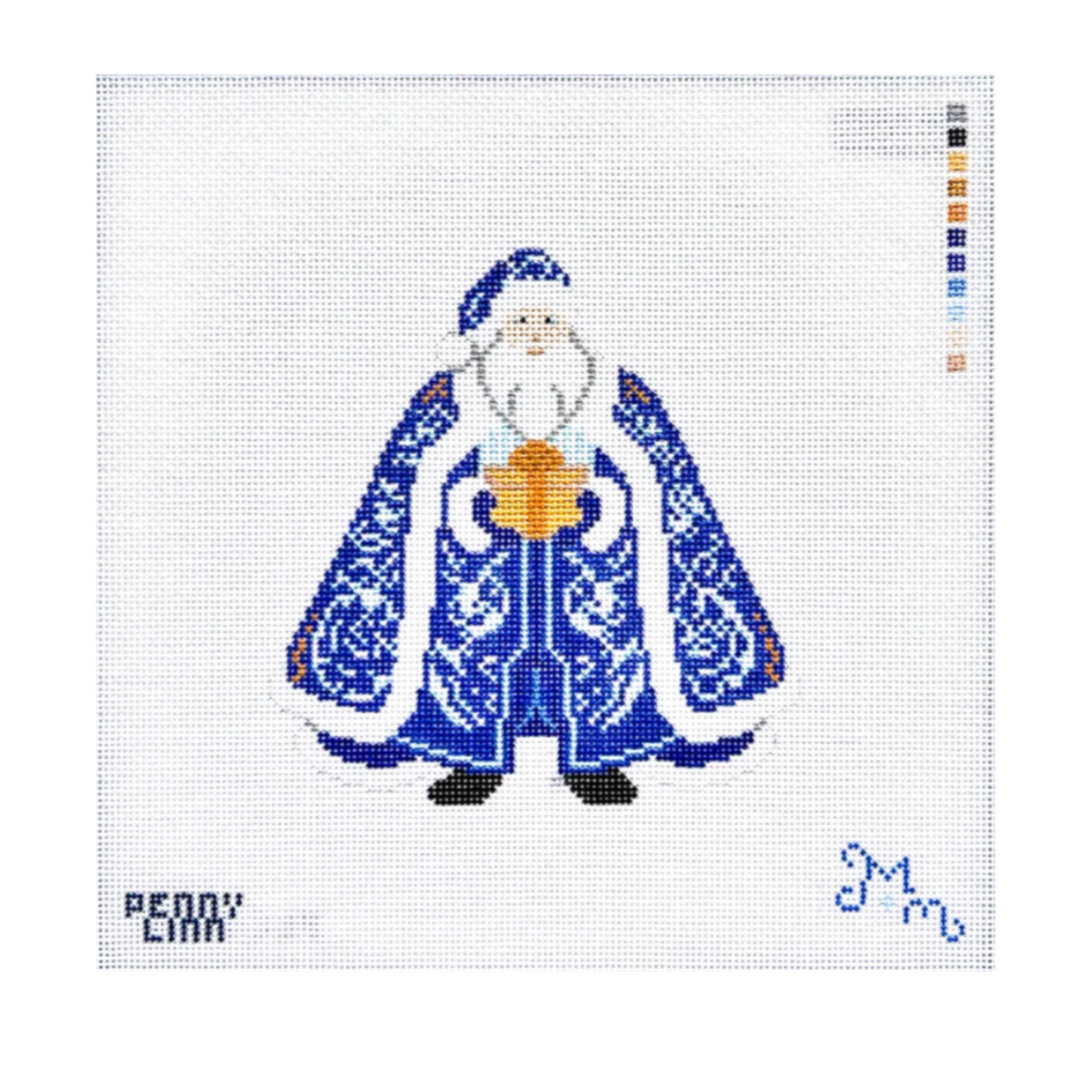 A needlepoint canvas featuring a stylized Santa Claus design in blue, white, and gold, with the text 'PEPPY CMM' on the bottom left and a blue monogram on the bottom right.