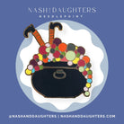 Colorful needlepoint design of a bag with a blue background, featuring the brand 'Nash & Daughters Needlepoint'.
