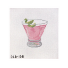 A needlepoint canvas featuring a pink cocktail glass with green mint leaves, on a white grid background with the code 'DLE-128' in the bottom left corner.