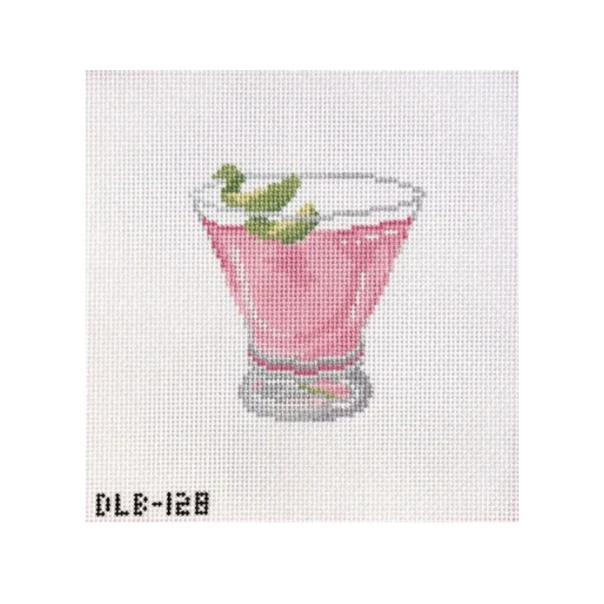 A needlepoint canvas featuring a pink cocktail glass with green mint leaves, on a white grid background with the code 'DLE-128' in the bottom left corner.