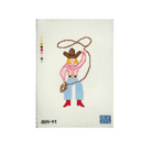 A needlepoint canvas featuring a western cowgirl design, including a cowboy hat, pink shirt, blue pants, red boots, and a brown lasso on a white grid background.