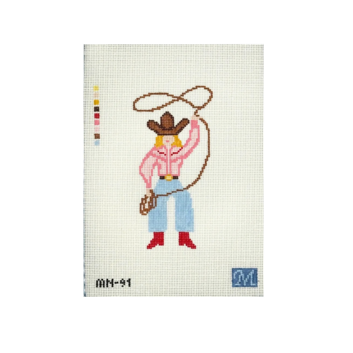 A needlepoint canvas featuring a western cowgirl design, including a cowboy hat, pink shirt, blue pants, red boots, and a brown lasso on a white grid background.