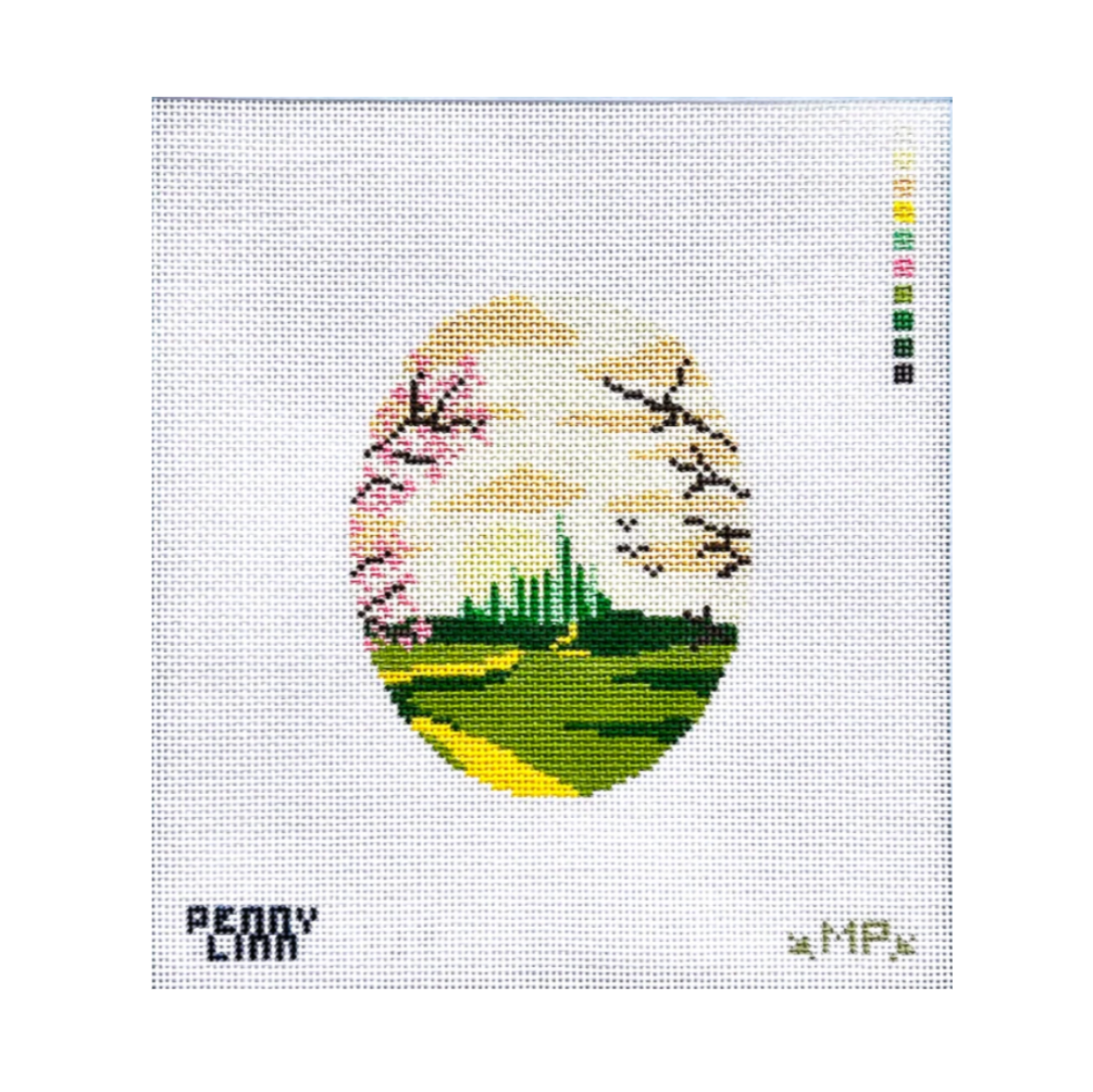 A needlepoint canvas featuring a circular landscape design with green fields, trees, and pink blossoms under a pale sky, on a white mesh background with the text 'PEONY LILY' and '4 MP3' at the bottom.