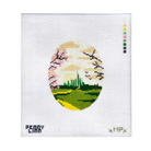 A needlepoint canvas featuring a circular landscape design with green fields, trees, and pink blossoms under a pale sky, on a white mesh background with the text 'PEONY LILY' and '4 MP3' at the bottom.