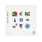 A square white canvas or card featuring a collection of small colorful embroidered or printed icons, including a multicolor house, green snakes, a bouquet, lipstick, the number 13, a cassette tape, butterflies, a red dress, and a blue patterned ornament. A vertical color strip runs along the left edge, and a small monogram or logo appears in the bottom right corner.