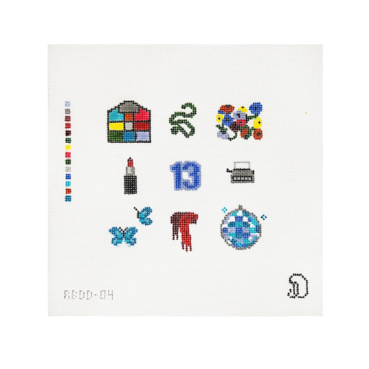 A square white canvas or card featuring a collection of small colorful embroidered or printed icons, including a multicolor house, green snakes, a bouquet, lipstick, the number 13, a cassette tape, butterflies, a red dress, and a blue patterned ornament. A vertical color strip runs along the left edge, and a small monogram or logo appears in the bottom right corner.
