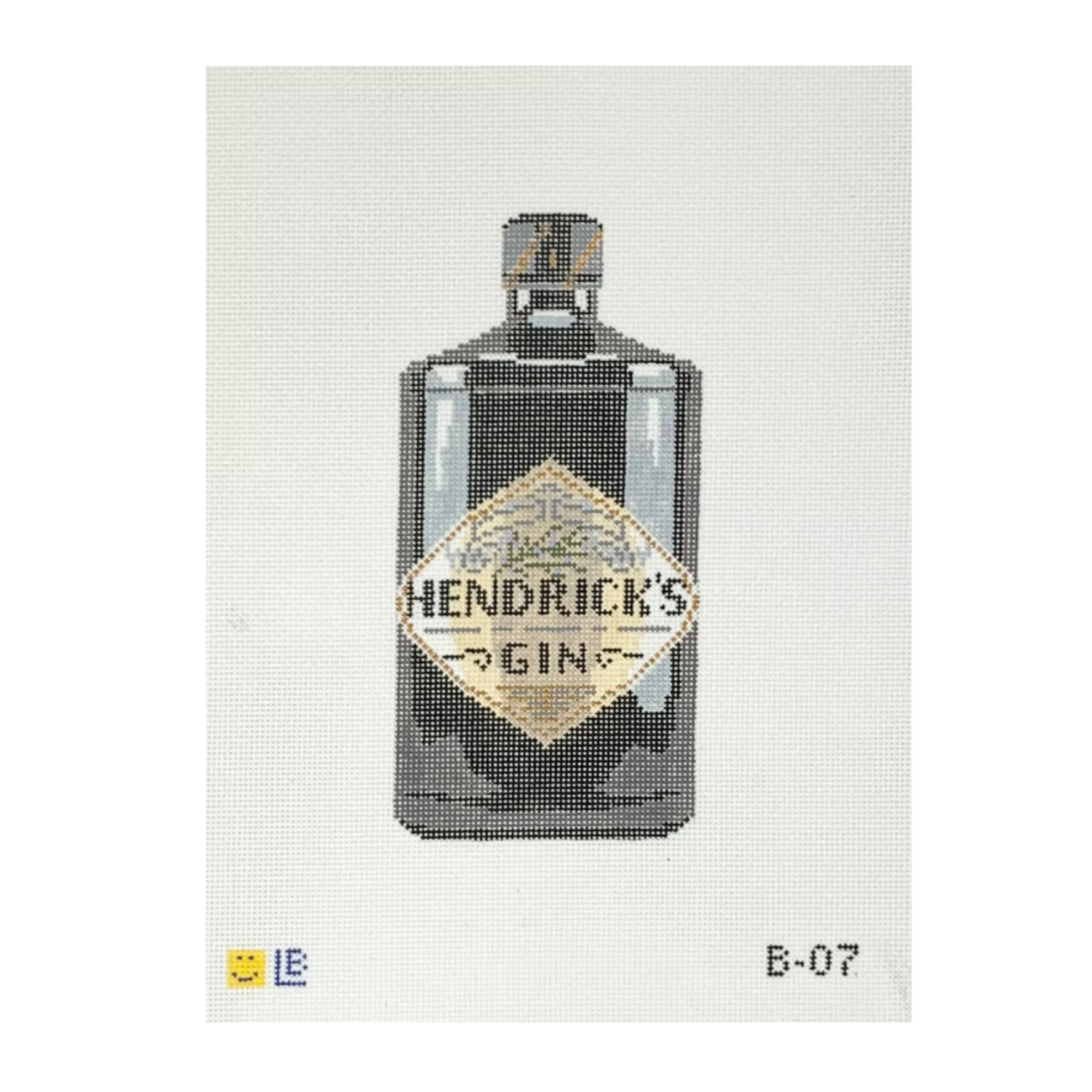 A needlepoint canvas featuring a pixelated depiction of a Hendrick's Gin bottle, with a white grid background and product code B-07 in the bottom right corner.