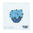 A needlepoint canvas featuring a blue and green hydrangea design, with the text 'PLD 0242' and 'PENNY LINN' printed on a white background.