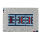 A needlepoint canvas featuring a geometric Greek key pattern in navy blue, red, and white, displayed on a white grid background with a small color swatch and brand logo.
