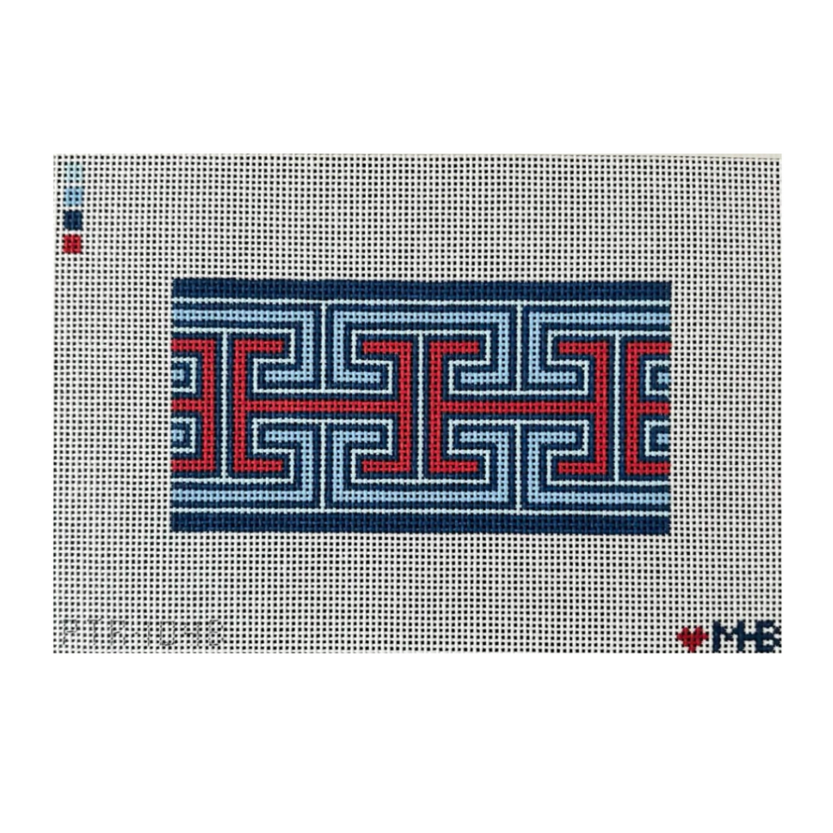 A needlepoint canvas featuring a geometric Greek key pattern in navy blue, red, and white, displayed on a white grid background with a small color swatch and brand logo.