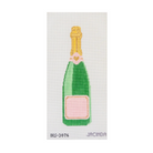 A needlepoint canvas featuring a pixelated green champagne bottle with a gold foil top and a pink label, on a white grid background with the brand name JACINDA printed at the bottom.