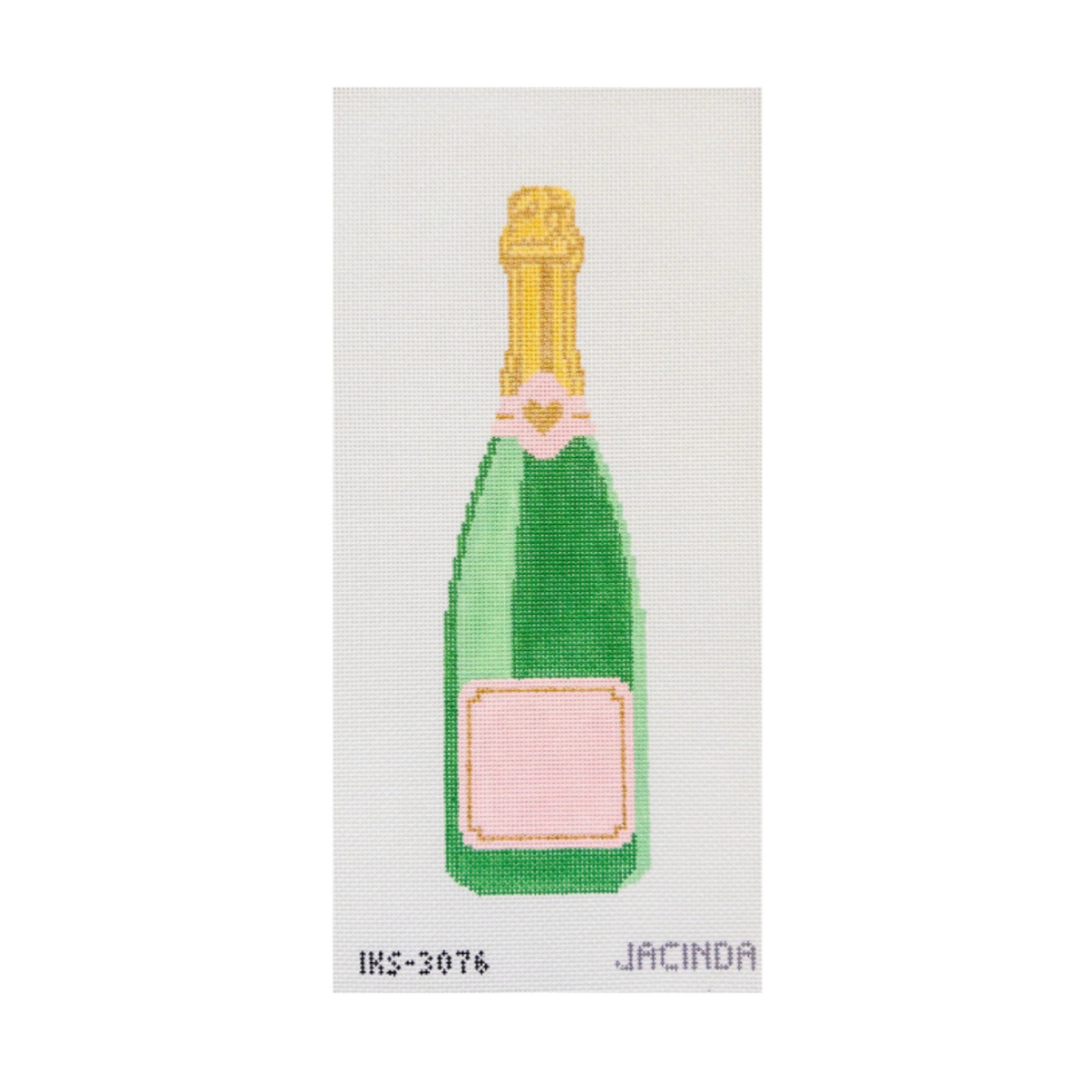 A needlepoint canvas featuring a pixelated green champagne bottle with a gold foil top and a pink label, on a white grid background with the brand name JACINDA printed at the bottom.