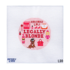 A square needlepoint canvas featuring a circular design with the text 'Harvard Law Legally Blonde' and a cartoon dog, on a white grid background with 'Penny Cinn' and 'LDD' printed at the bottom.