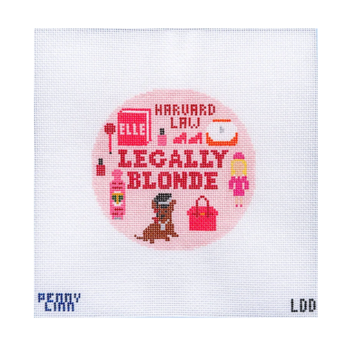 A square needlepoint canvas featuring a circular design with the text 'Harvard Law Legally Blonde' and a cartoon dog, on a white grid background with 'Penny Cinn' and 'LDD' printed at the bottom.