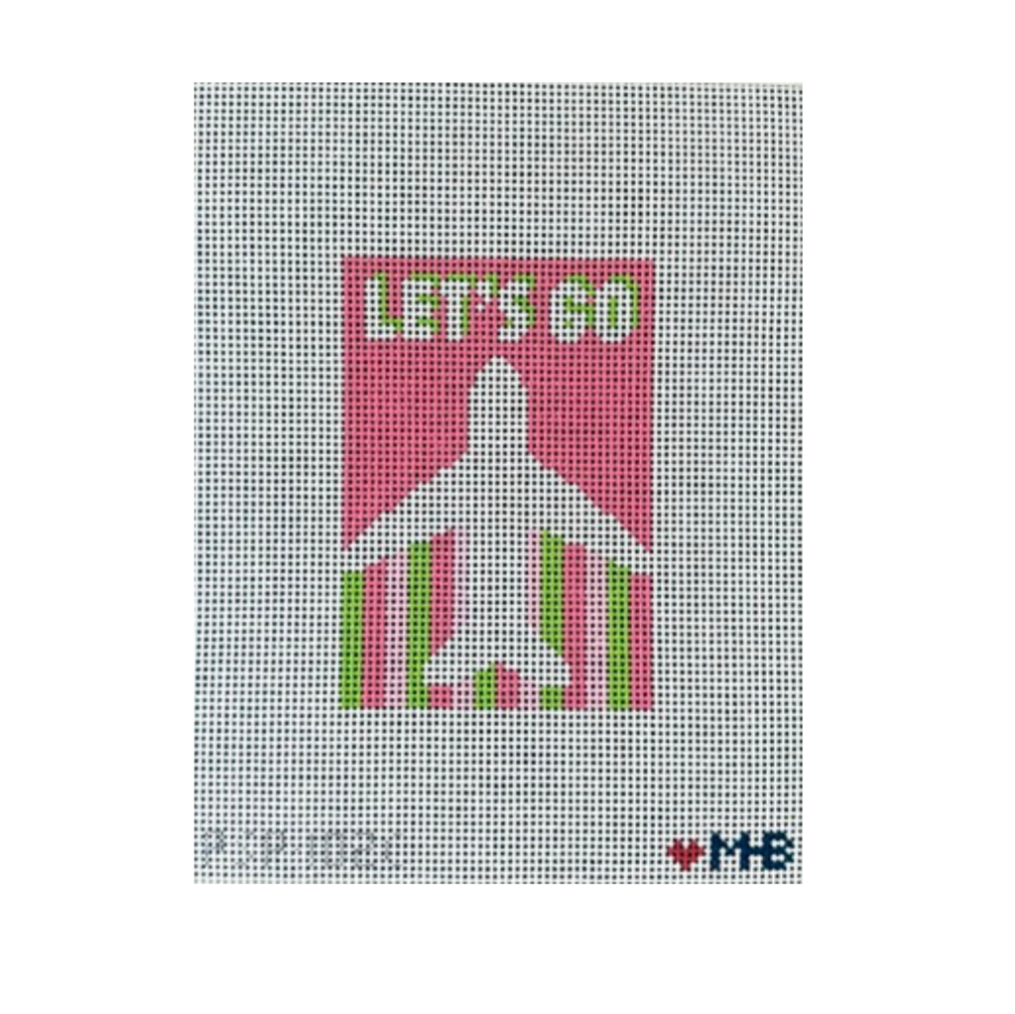 A needlepoint canvas featuring a pink and green graphic of an airplane with the text 'LET'S GO' on a white mesh grid background.