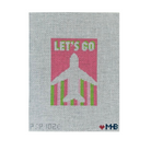 A needlepoint canvas featuring a pink and green graphic of an airplane with the text 'LET'S GO' on a white mesh grid background.