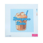 A cross-stitch pattern or canvas design featuring a cup of latte with whipped cream and a blue striped straw, centered on a light blue and white striped background. The words 'Love you Latte' are stitched in blue across the cup.