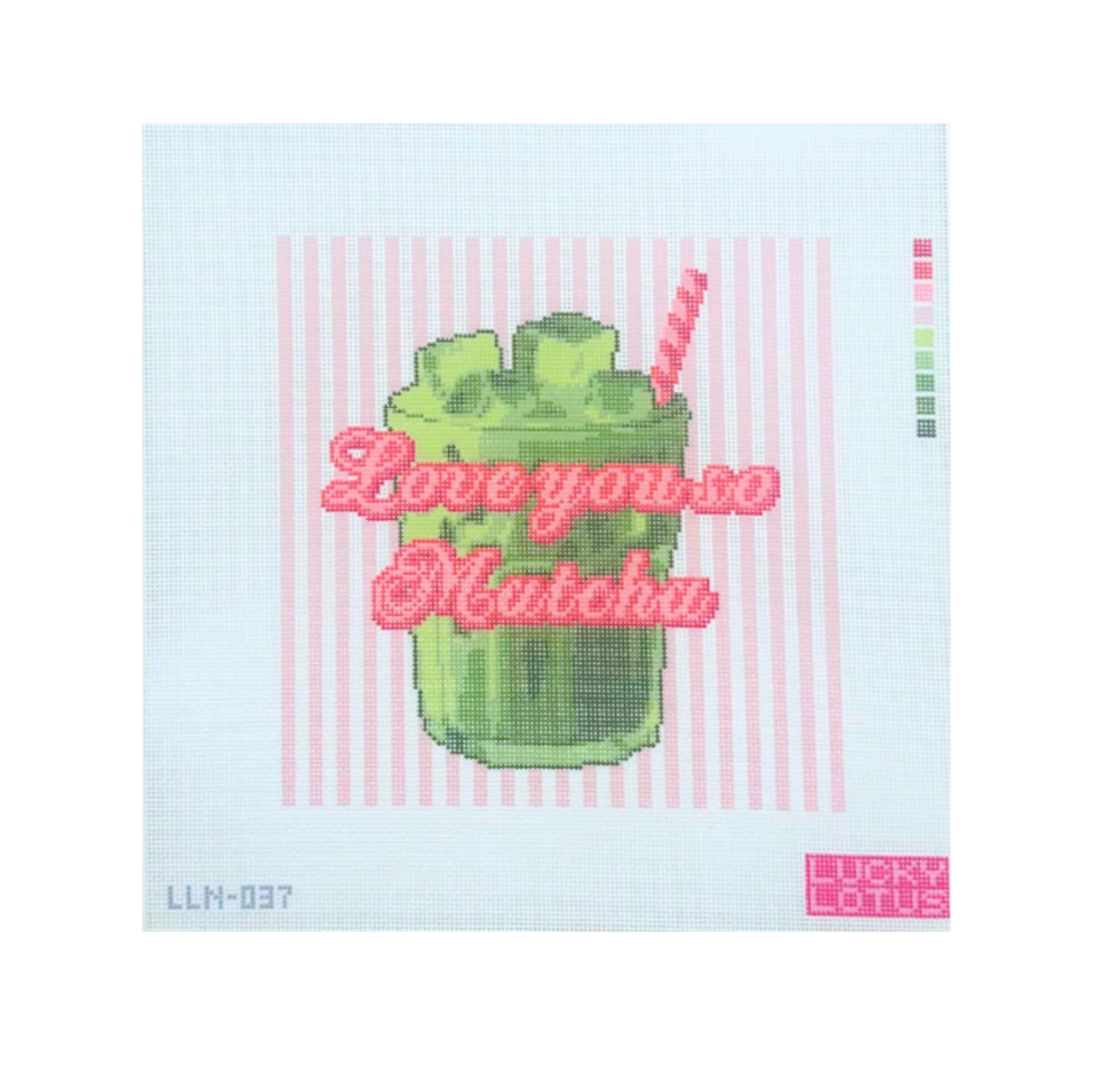 A square needlepoint canvas featuring a green matcha drink with a pink striped straw and pink cursive text reading 'Love you so Matcha' over pink vertical stripes. The canvas has a light blue border, a small color swatch column on the right, and the Lucky Lotus brand logo in the bottom right corner.