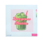 A square needlepoint canvas featuring a green matcha drink with a pink striped straw and pink cursive text reading 'Love you so Matcha' over pink vertical stripes. The canvas has a light blue border, a small color swatch column on the right, and the Lucky Lotus brand logo in the bottom right corner.