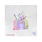 A needlepoint canvas featuring a purple backpack with colorful butterflies, a pink scarf, and a yellow hat on a white mesh background.