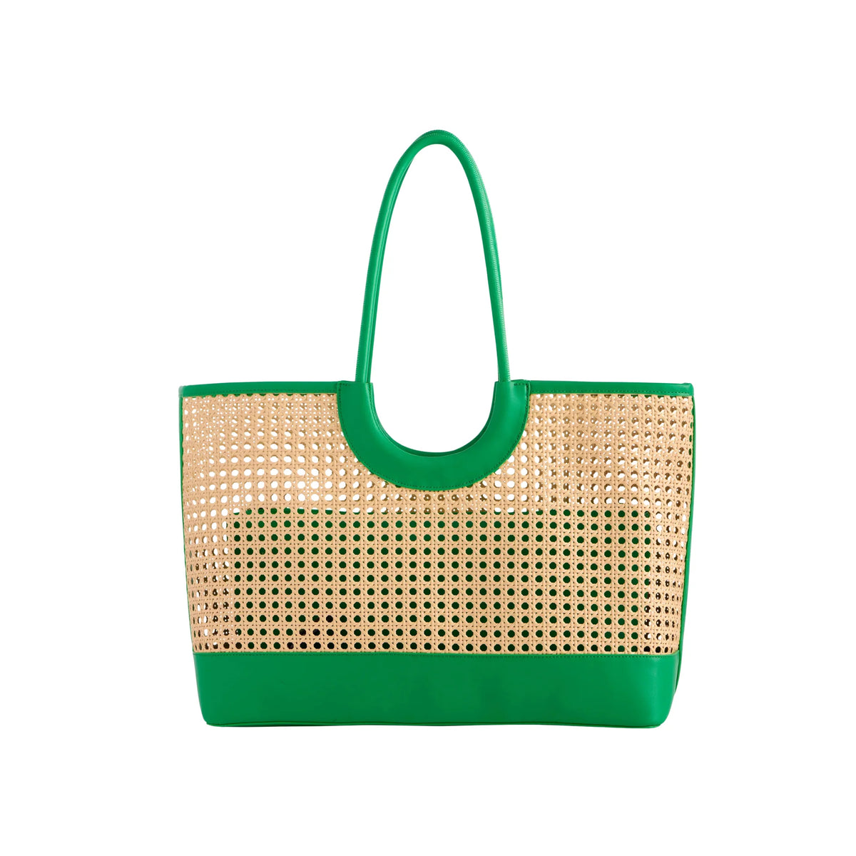 Woven handbag with green handle and base on a white background
