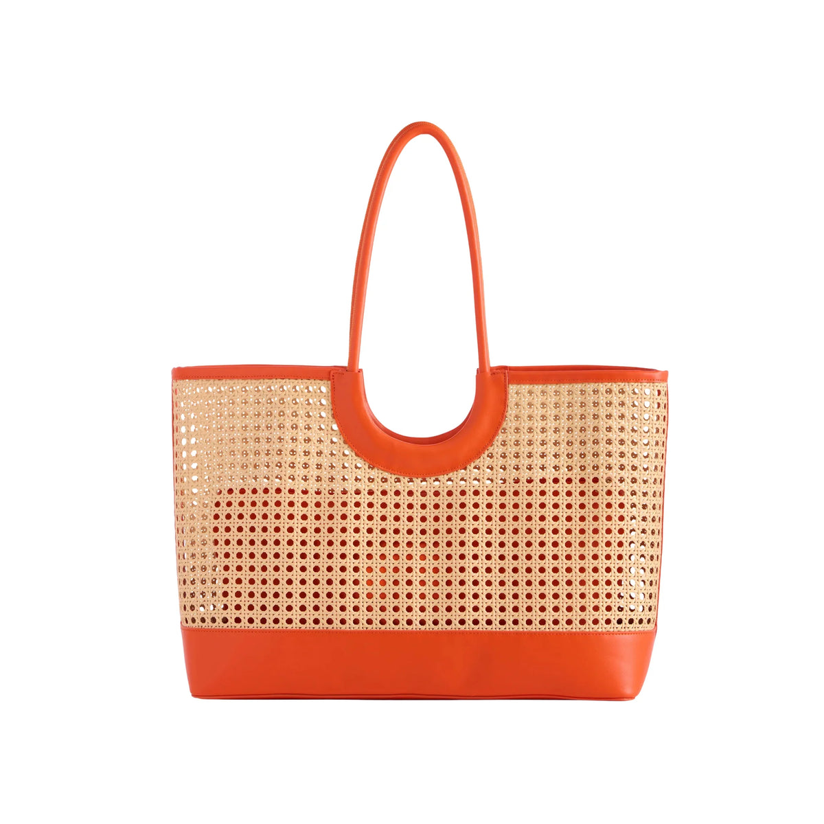 Woven handbag with orange handle and base on a white background