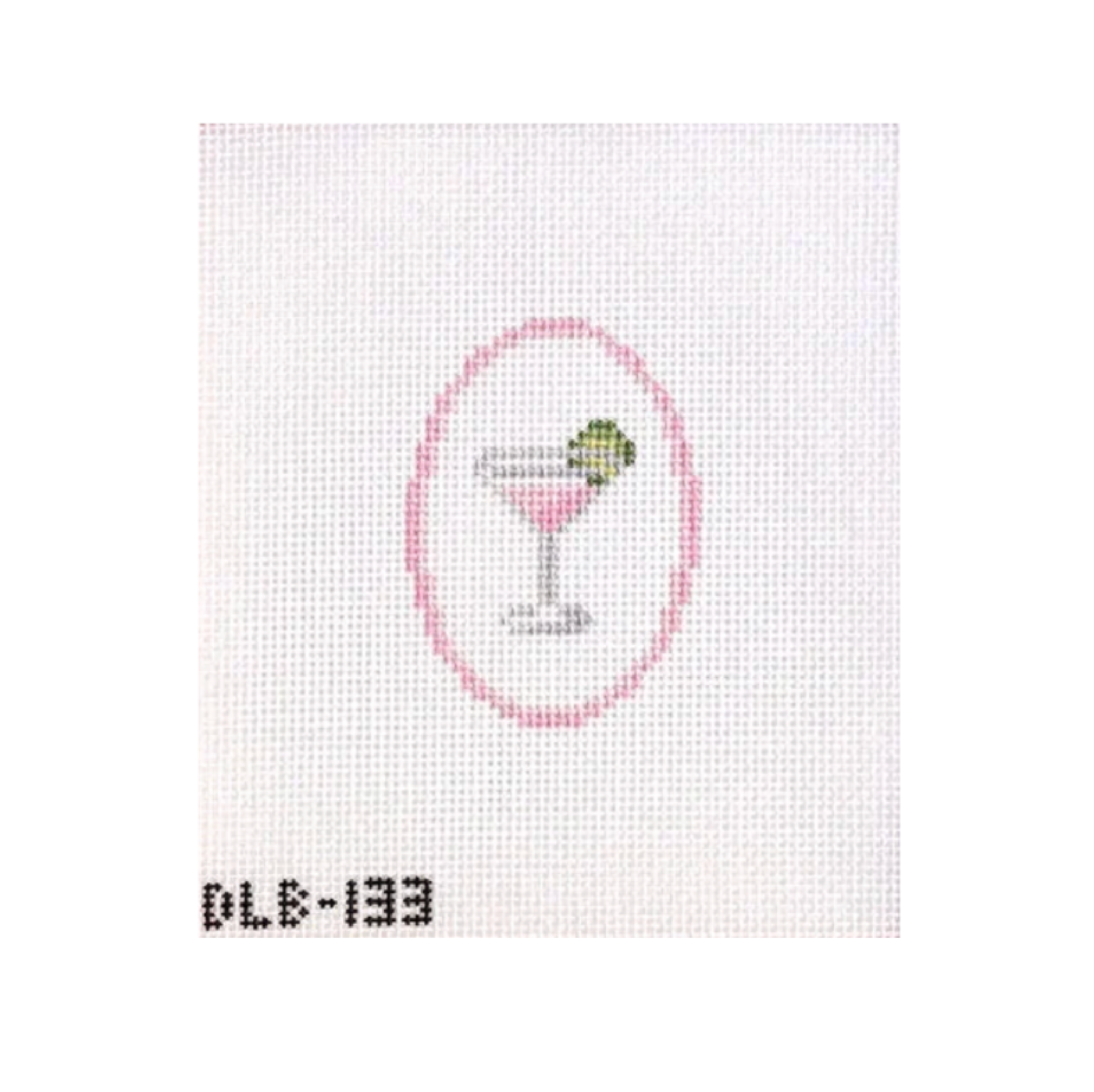 A small embroidered or printed cocktail motif on a white square canvas, with a pink oval outline, a martini glass, and a green olive garnish. The text 'DLE-133' appears below the design.