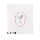 A small embroidered or printed cocktail motif on a white square canvas, with a pink oval outline, a martini glass, and a green olive garnish. The text 'DLE-133' appears below the design.