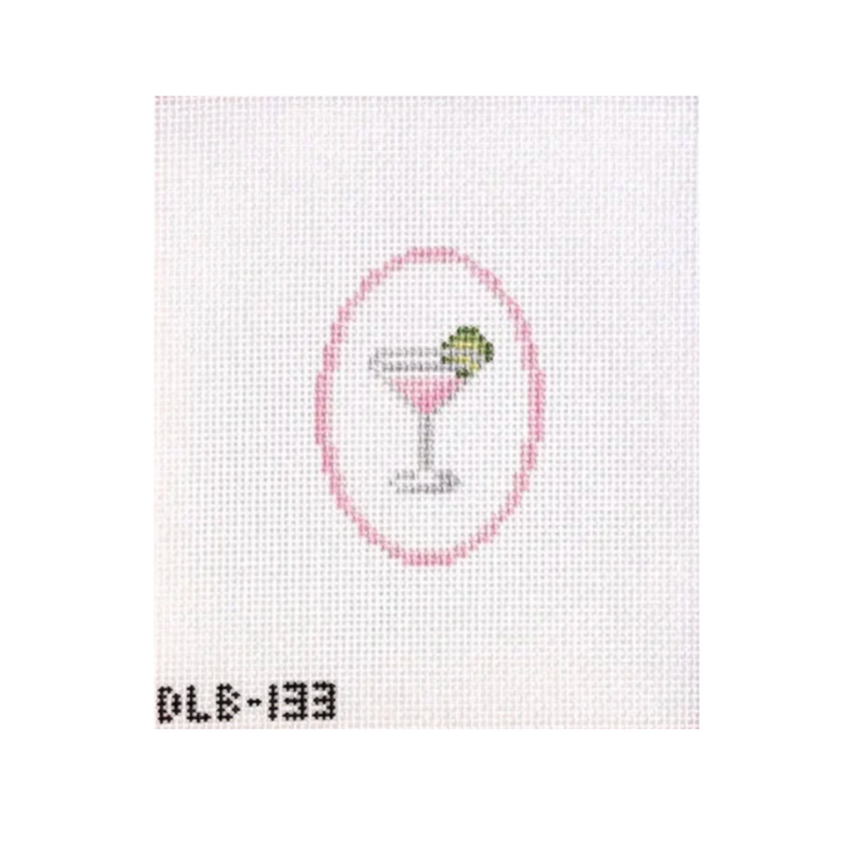 A small embroidered or printed cocktail motif on a white square canvas, with a pink oval outline, a martini glass, and a green olive garnish. The text 'DLE-133' appears below the design.