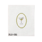 A needlepoint canvas featuring a white A4 grid background with a stitched design of a martini glass inside a gold oval, with the code 'DLE-132' printed in black at the bottom left.