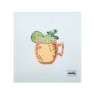 A square needlepoint canvas featuring a stitched design of a copper mug filled with a green patterned drink, garnished with a lime slice and herbs, on a white canvas background with a small brand label in the bottom right corner.
