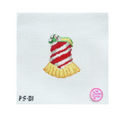 A needlepoint canvas featuring a stylized Christmas ornament or bell design in red and white stripes with a yellow fluted bottom, on a white mesh background. The text 'PS-01' appears in the lower left, and a pink circular logo for 'The Zanted Doro' is in the lower right.