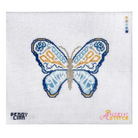 A needlepoint canvas featuring a stylized butterfly design stitched on a white grid background. The butterfly has blue outer wings, light blue inner wings, and orange accents.