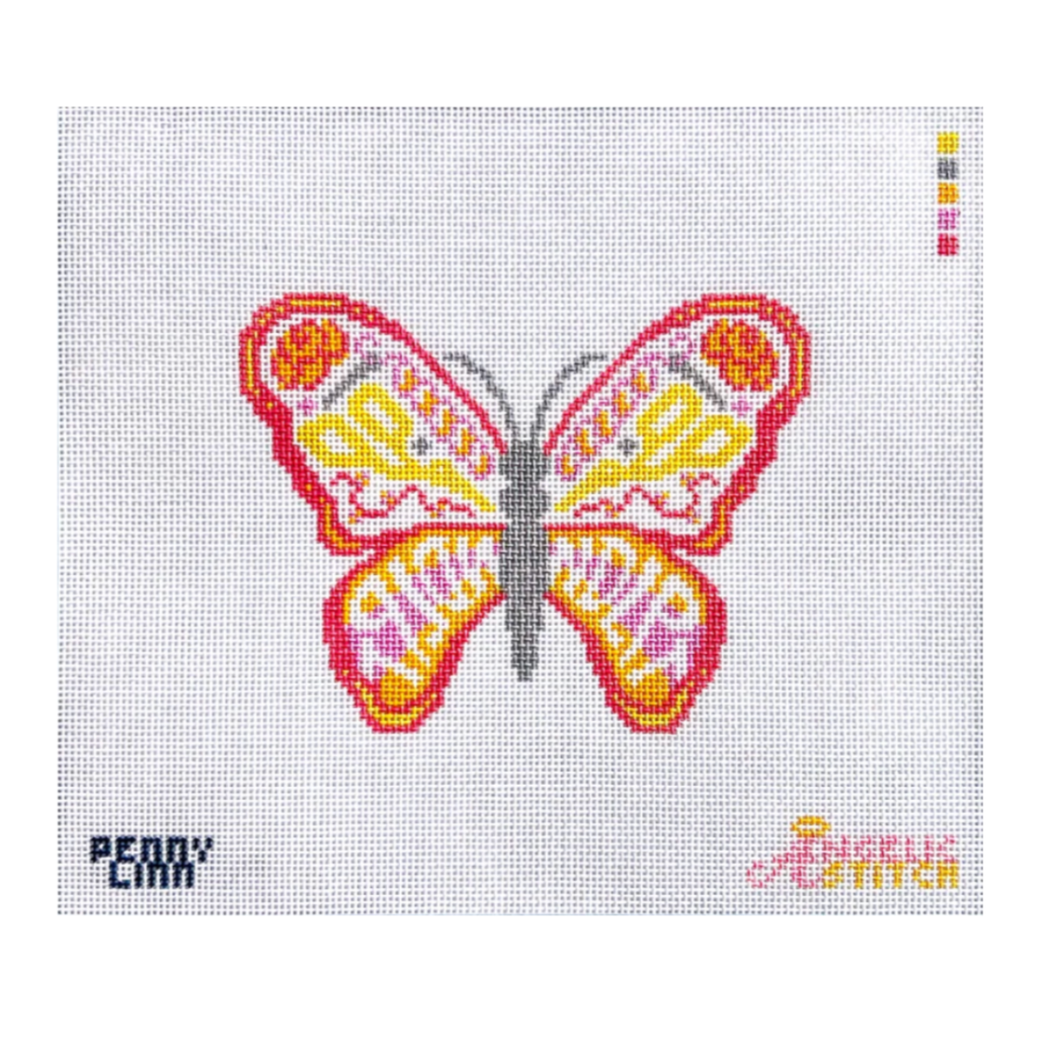 A needlepoint canvas featuring a colorful embroidered butterfly design on a white grid background. The butterfly has red, orange, yellow, and pink patterns with a gray body and wings.