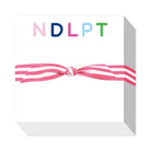 A white square gift box or package with the colorful letters 'NDLPT' printed across the top and tied with a pink and white striped ribbon in the center, shown on a white background.