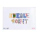A square white needlepoint canvas featuring the word 'Needlepoint' spelled out in colorful embroidered-style symbols across two rows, with small alphanumeric markings in the lower corners.