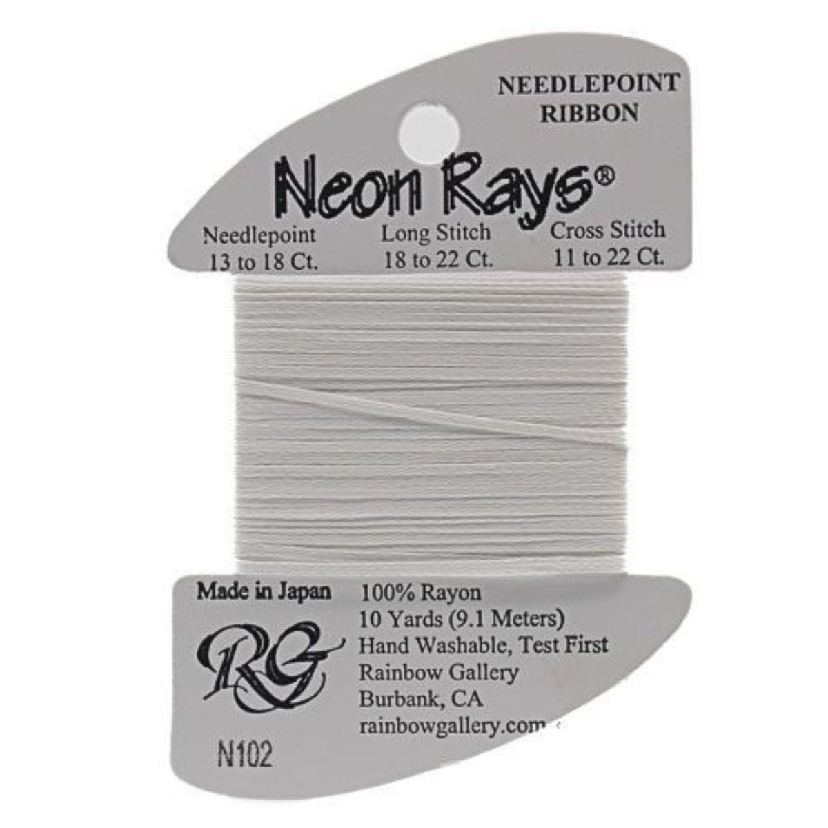 Neon Rays needlepoint ribbon on a gray card with brand information.