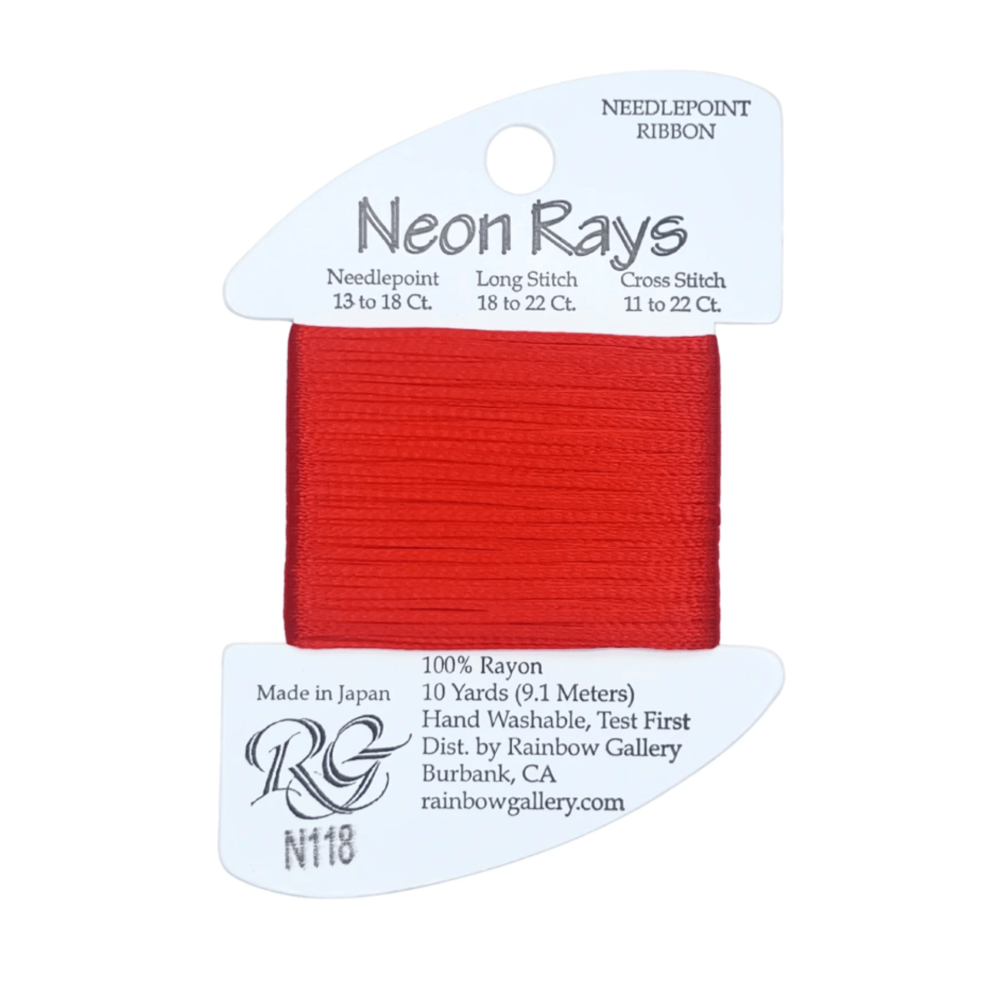 A spool of needlepoint ribbon in the shade 'Neon Rays' by Rainbow Gallery, featuring a bright red ribbon wound around a white plastic spool with printed product details.