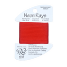 A spool of needlepoint ribbon in the shade 'Neon Rays' by Rainbow Gallery, featuring a bright red ribbon wound around a white plastic spool with printed product details.