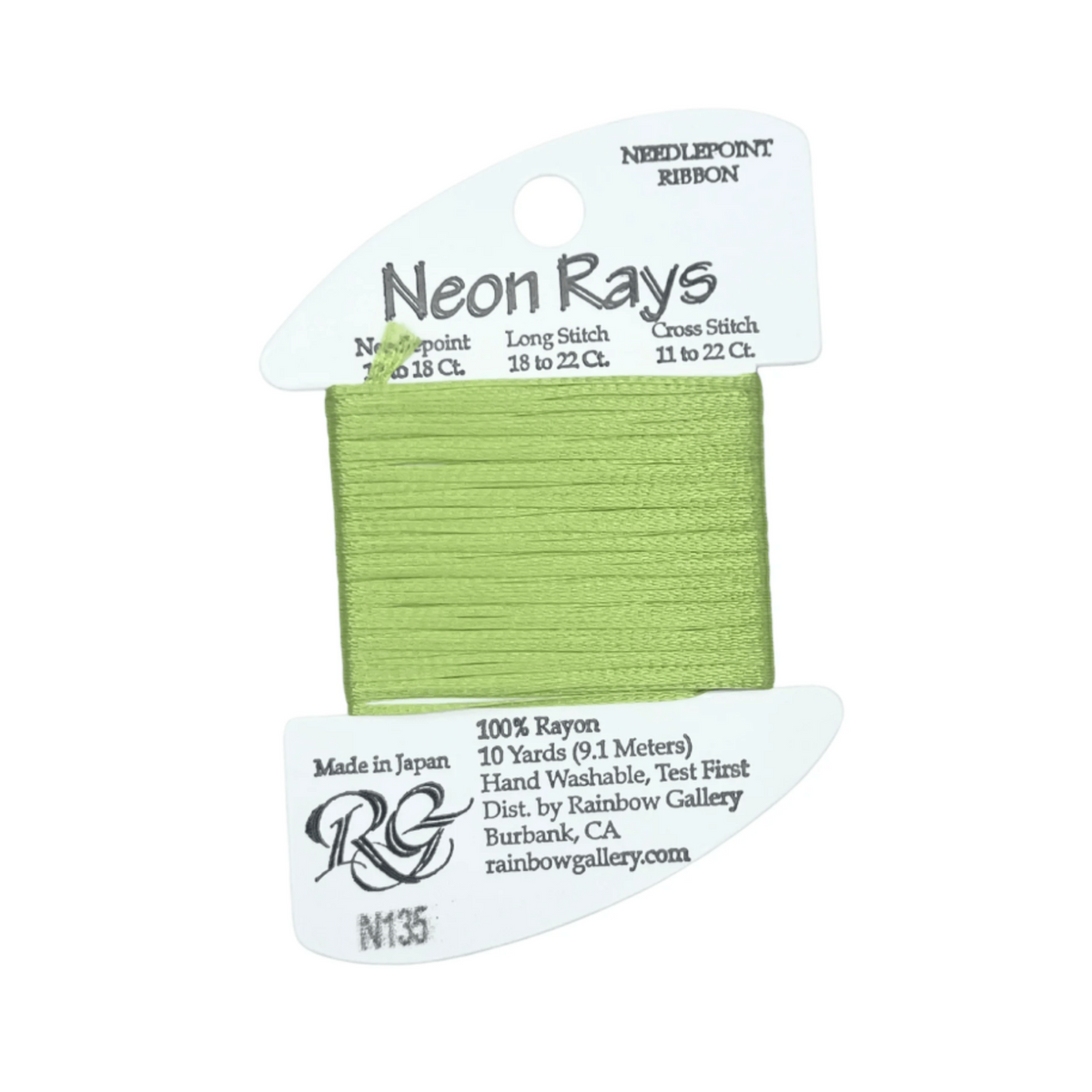 A spool of Rainbow Gallery Neon Rays needlepoint ribbon in a light lime green shade, labeled N135, on a plain white background.