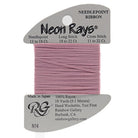 Neon Rays needlepoint ribbon on a gray card with product details.