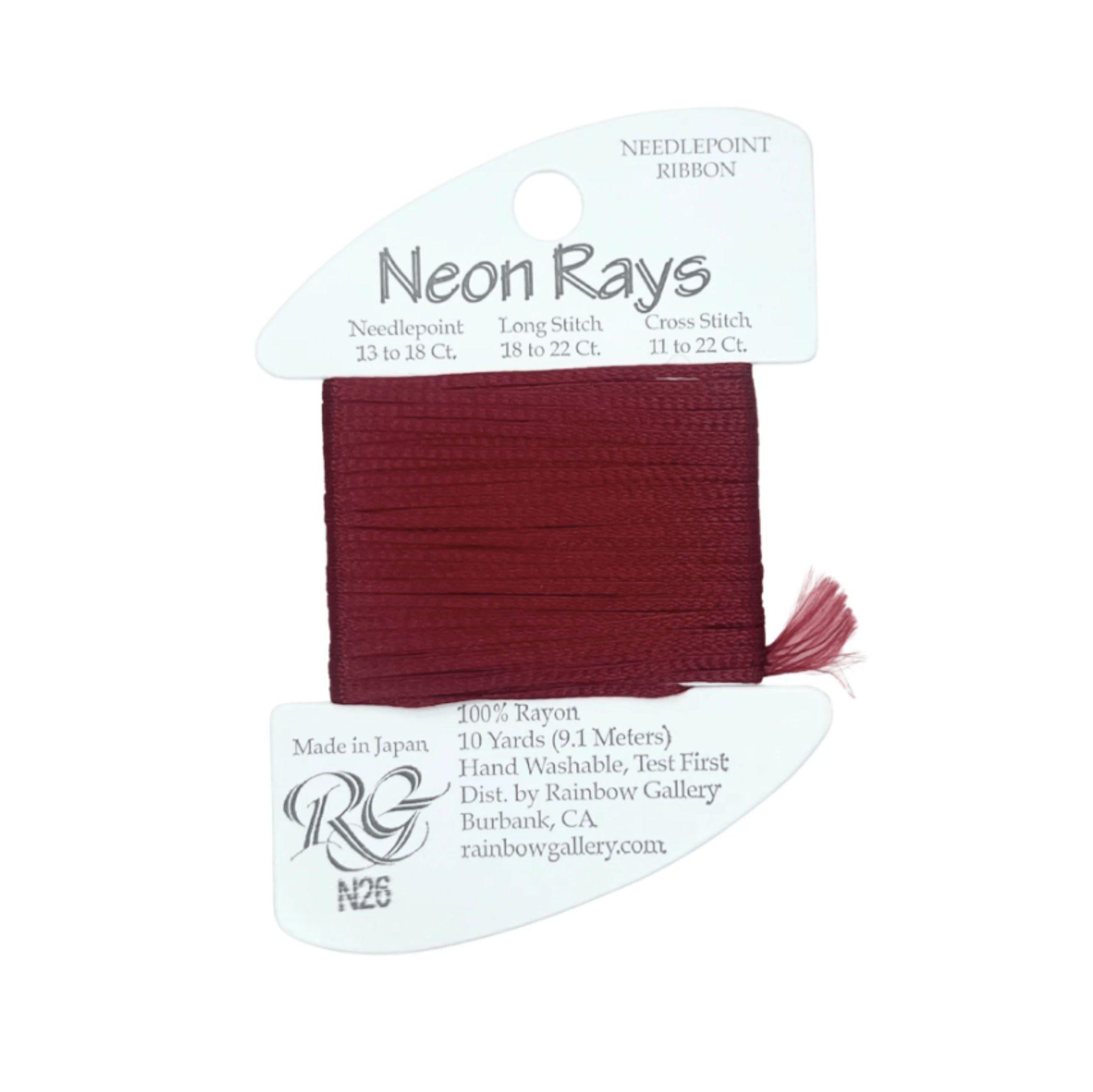 A spool of Rainbow Gallery Needlepoint Ribbon in the shade 'Neon Rays', which is a deep burgundy red. The ribbon is mounted on a white cardboard hanger with product details printed on it.
