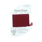 A spool of Rainbow Gallery Needlepoint Ribbon in the shade 'Neon Rays', which is a deep burgundy red. The ribbon is mounted on a white cardboard hanger with product details printed on it.